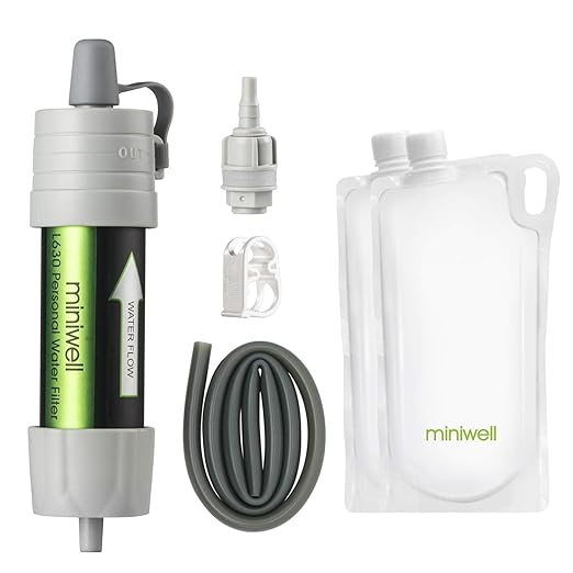 miniwell Gravity Water Filter Ultralight Multi-Purpose Hiking Accessories Optional Emergency kit TUV Certified Hurricane Storm Supplies (Water Filter with Bottles