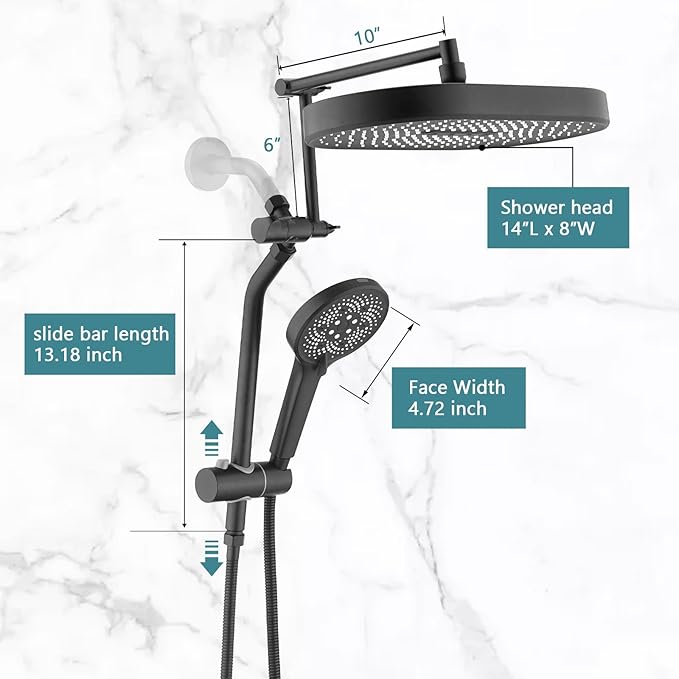 14" x 8" Rectangle High Pressure Rainfall Shower Head with Handheld Combo, 6 Setting Handheld Shower Head, Adjustable Height Shower Extension Arm and Slide Bar for Easy Reach - Matte Black