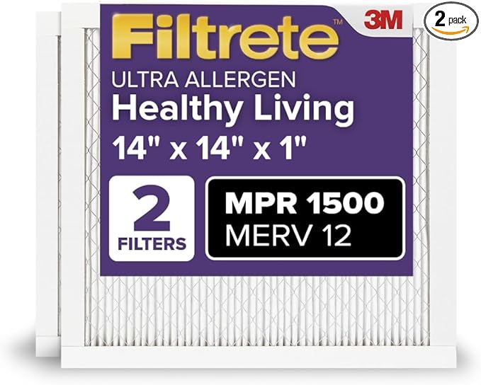 Filtrete 14x14x1 AC Furnace Air Filter, MERV 12, MPR 1500, CERTIFIED asthma & allergy friendly, 3 Month Pleated 1-Inch Electrostatic Air Cleaning Filter, 2-Pack (Actual Size 13.81x13.81x0.78 in)