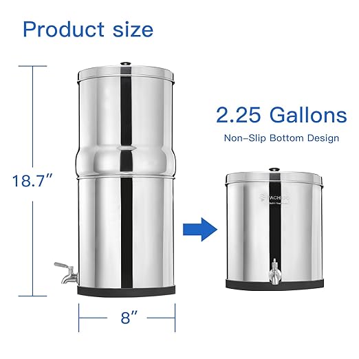 2.25 Gallon Stainless Steel Gravity-Fed Water Filter System with 2 White Ceramics Purification Washable Filter, Portable Countertop Filter System for Home and Outdoor Camping Use