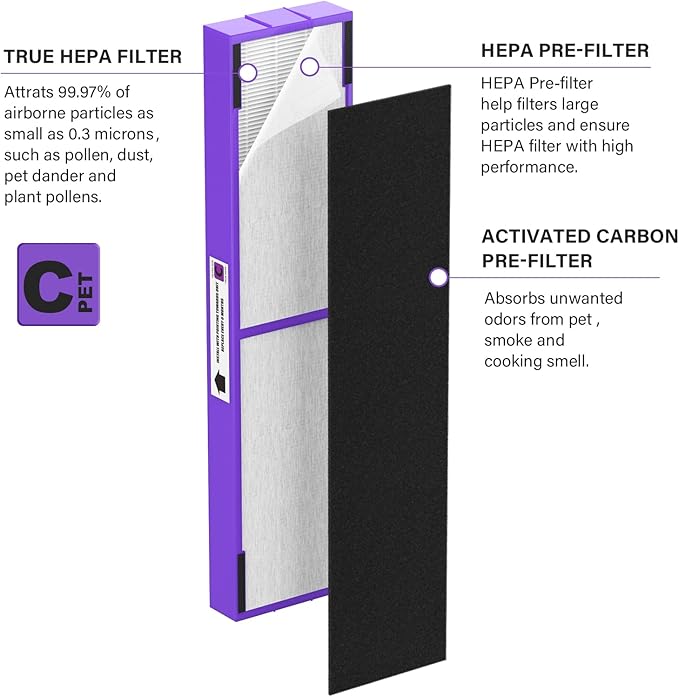 FLT5250PT True HEPA Replacement Filter Compatible with G-Guardian Air Purifier Filter C Pet AC5250PT AC5000E AC5300B AC5350W AC5350B CDAP5500, 2 True HEPA with 6 Carbon Pre-Filter