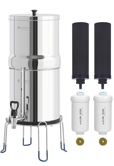 Gravity-Fed Water Filter System, 3.25G Stainless-Steel Countertop System with 2 Black NSF/ANSI 42 Certification Elements, 2 Fluoride, Metal Water Level Spigot, Reduces Fluoride and Chlorine