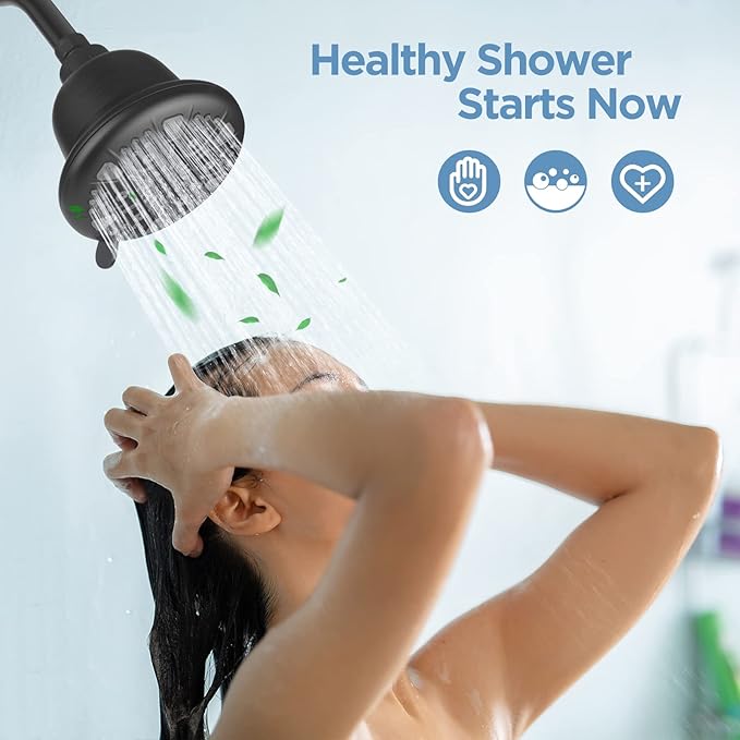 Filtered Shower Head Matte Black- High Pressure Shower Head with filter for Hard Water - Rain Shower Head Water Softener - Luxury 7 Settings Adjustable Water Filter Showerhead (Matte Black)