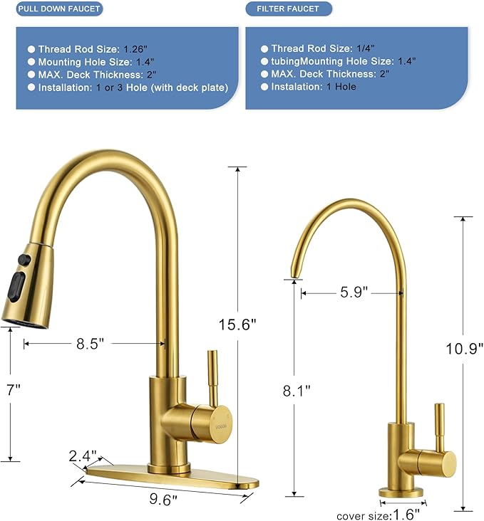 Kitchen Faucet and Water Filter Faucet Combo, WOWOW Stainless Steel Kitchen Sink Faucet with Drinking Water Faucet for Reverse Osmosis or Water Filtration System, Brushed Gold