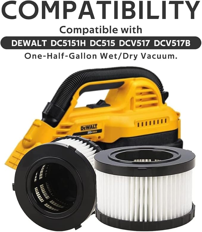 2 Pcs DC5151H HEPA Filter Compatible with DEWALT DC5151H DC515 DCV517 DCV517B Wet Dry Vacuum, With 4 PCS Foam Sleeve Filter