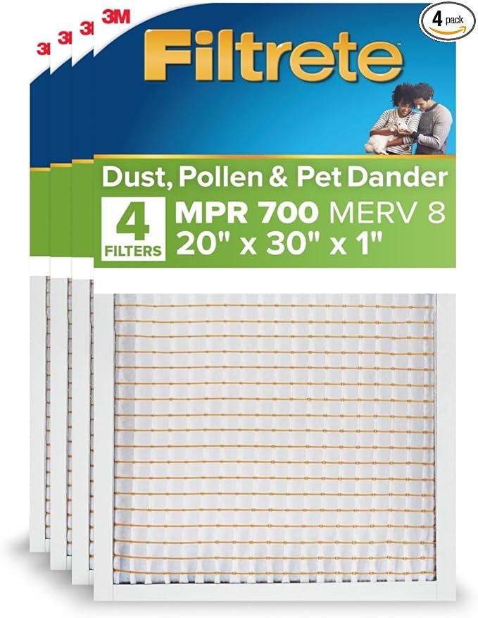 Filtrete 20x30x1 AC Furnace Air Filter, MERV 8, MPR 700, Tough on Pollen, Easy on Airflow, 3-Month Pleated 1-Inch Electrostatic Air Cleaning Filter, 4-Pack (Actual Size 19.880 x 29.880 x 0.8125 in)