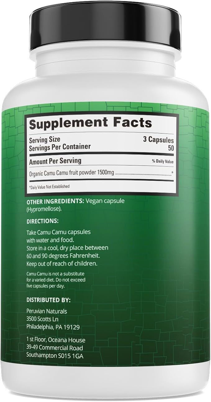Peruvian Naturals Organic Vitamin C from Camu Camu Capsules 1,500mg - 150 Vegan Pills, Natural Vitamin C from Whole Food Camu Berry Organic, Non-GMO