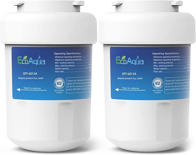 EcoAqua EFF-6013A Replacement Filter, Compatible with GE MWF SmartWater, MWFA, MWFP, GWF, GWFA, 46-9991, HDX FMG-1, WFC1201, GSE25GSHECSS, PC75009, RWF1060 Refrigerator Water Filter, 2 Pack