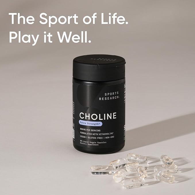 Sports Research® Extra Strength Choline 800 mg - Essential Nutrient Featuring VitaCholine® for Focus Support - Vegan Certified · Non-GMO · Gluten Free - 60 Liquid Capsules