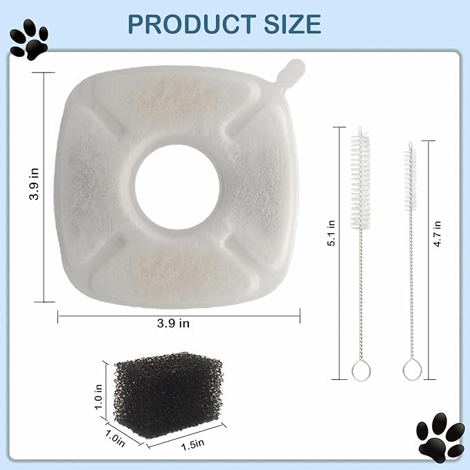 22 Pack(10 Replacement Filters+10 Pre-Filter Sponges+2 Brushes) Cat Water Fountain Filters Replacement,Compatible with VEKEN 67oz/2L,95oz/2.5L,135oz/4L Automatic Pet Fountain Cat Water Dispenser
