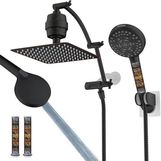 Hibbent All Metal 10'' Dual Filtered Rainfall Shower Head Combo, High Pressure Handheld Shower Head, 16'' Adjustable Arc Extension Arm, 20 Stage Shower Filter, 10-spray, 71'' Hose, Oil Rubbed Bronze