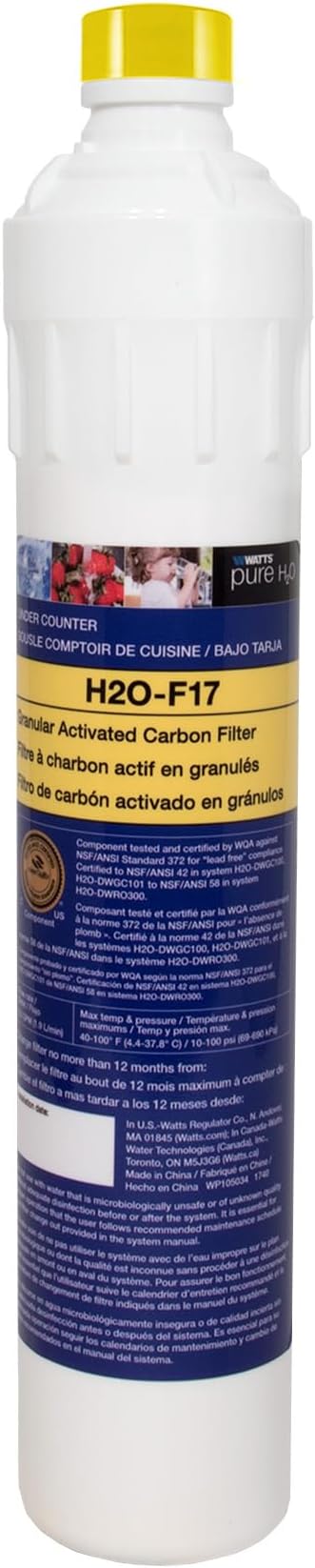 Watts Premier H2O-F17 Pure H2O GAC Carbon Filter Replacement for H2O-DWGC100, H2O-DWGC101, H2O-DWRO300 Under Counter Water Filtration Systems, Push Button Design