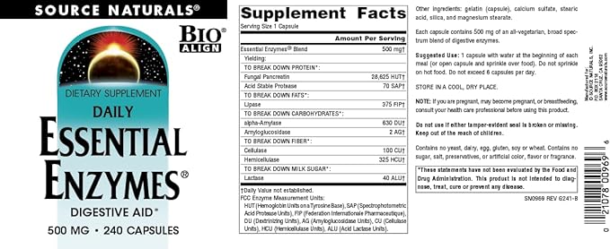 Source Naturals Essential Enzymes 500mg Bio-Aligned Multiple Enzyme Supplement Herbal Defense for Digestion, Gas, Constipation & Bloating Relief - Supports Immune System - 240 Capsules