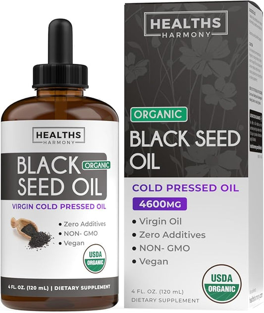 USDA Organic Black Seed Oil Liquid (4 fl oz) Premium Cold-Pressed Nigella Sativa Producing Pure Black Cumin Seed Oil - Antioxidant Supplement - Vegan, Gluten-Free, & Non-GMO (No Pills or Capsules)