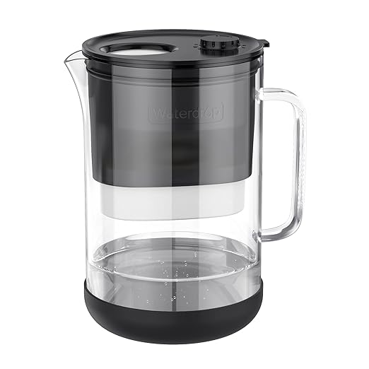 Waterdrop Large Glass Water Filter Pitcher, Eco-Friendly, with 1 NSF 53&42&372 Certified Filter, 10-Cup, Reduces PFOA/PFOS, Chlorine, Cadmium, Copper, Mercury, BPA Free, Easy to Clean, Black
