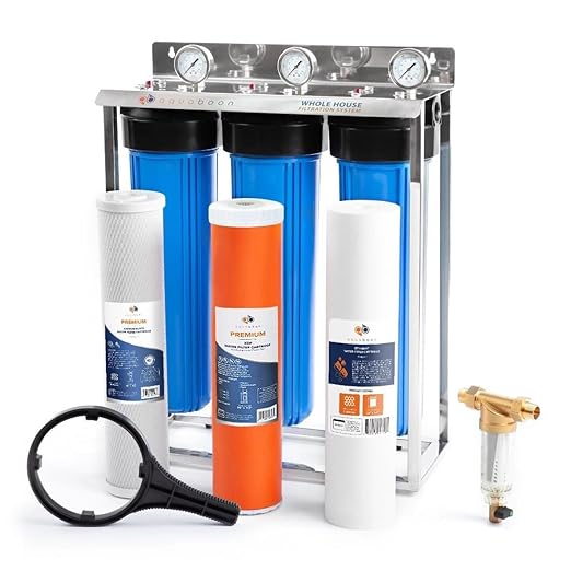 Aquaboon 3-Stage Whole House Water Filter System 20x4.5 inch with Prefilter & KDF, Sediment, Carbon Filters, Gauge & Release, Wrench, Freestanding Steel Frame