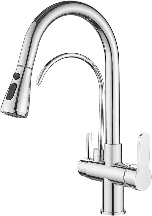 MENATT 2 Handle Kitchen Sink Faucet with Dringking Water Faucet, Pull Down Sprayer 3 in 1 Water Filter Purifier Faucets (Chrome)