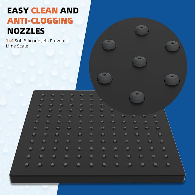 Hibbent Thickness Metal Rain Shower Head, 12 Inch High Pressure Shower Heads, Square Large Bathroom Rainfall Shower Head with Adjustable Brass Ball Joint, Waterfall Full Body Coverage, Matte Black