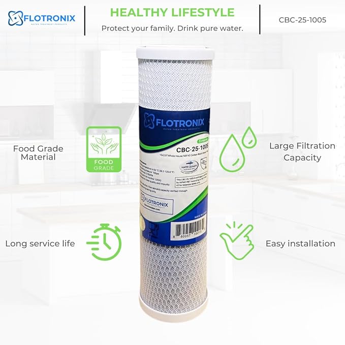 Flotronix 5 Micron 2.5" x 10" Whole House CTO Carbon Sediment Water Filter Cartridge, Compatible with DuPont WFPFC8002, WFPFC9001, SCWH-5, WHCF-WHWC, FXWTC, CBC-10, RO Systems, 4-Pack