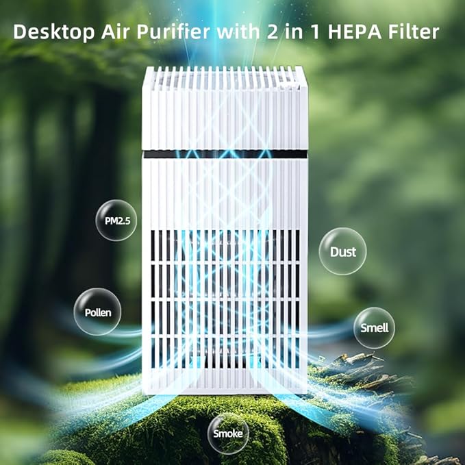 Desktop Air Purifiers for Office, Desk, Small Room, Bedroom, Home, Office, HEPA Air Purifier for Pollen Dust, Odor, No Adapter (White)