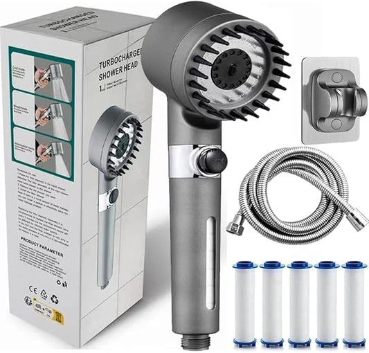 Ion Shower Drops Head Filtered Showerhead With Five Filters,Filtered Shower Head With Handheld,High Pressure Turbo Showerhead,Reusable,Adjustable Settings With Hose (Gray)