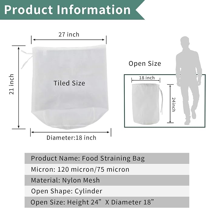 12"x18" Nylon Mesh Strainer Bags for Almond Nut Milk, Greek Yogurt, Home Beer Wine Brewing 180 Micron
