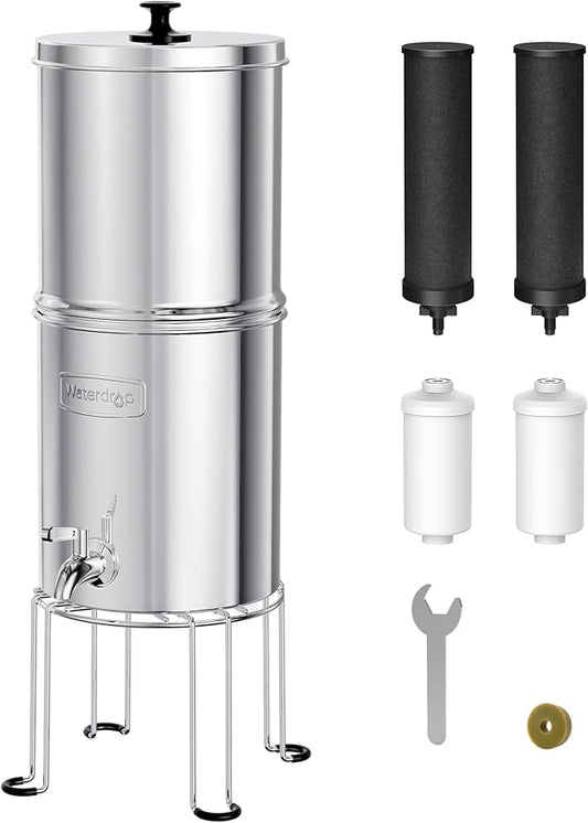 Waterdrop 1.5 Gallons Gravity-fed Water Filter System, NSF/ANSI 42&372 Standard, Stainless-Steel Travel System with 4 Filters, Metal Spigot and Stand, Reduces Up to 99% Chlorine-King Tank Series
