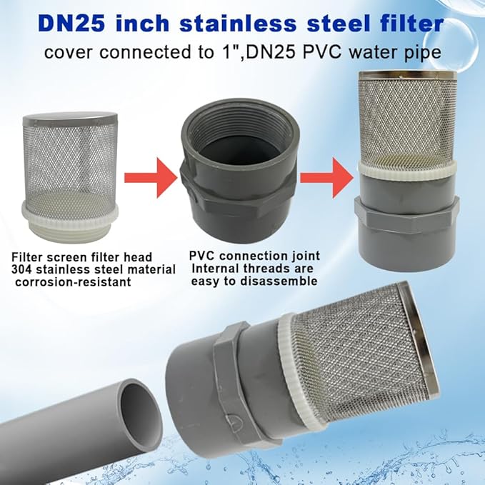 1" Stainless Steel Filter Cover Connected to 1 inch/DN25 Grey PVC Filter Water Pipe, Vent Cap Suction Strainers Used to Remove Debris and Reduce Solid Entry(1pcs)
