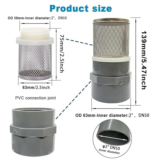 2 inch Stainless Steel Filter Cover Connected to 2 inch/DN50 Grey PVC Filter Water Pipe, Suction Strainers Used to Remove Debris and Reduce Solid Entry（1pcs）