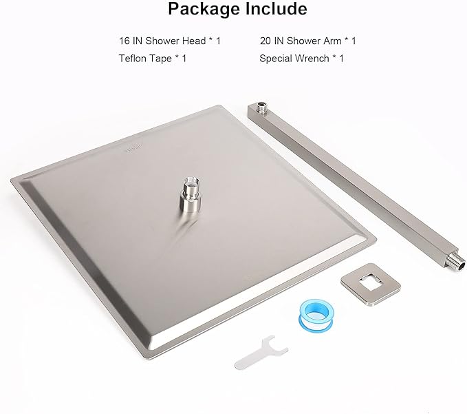 HarJue Shower Head with Extension Arm, High Pressure Square with ShowerArm, Stainless Steel Rainfall-Waterfall Full Body Coverage (16'' Shower with 20'' Arm, Brushed Nickel)