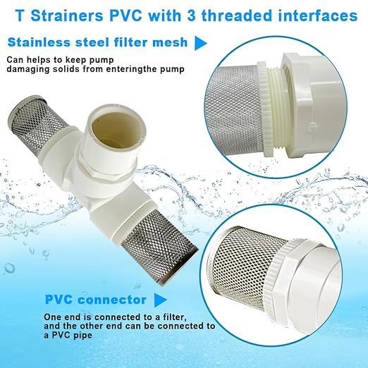 1/2" T Strainers Steel Filter Cover Connected to 1/2" PVC DN15 Water Pipe, Suction Hose T Strainer Used to Remove Debris and Reduce Solid Entry