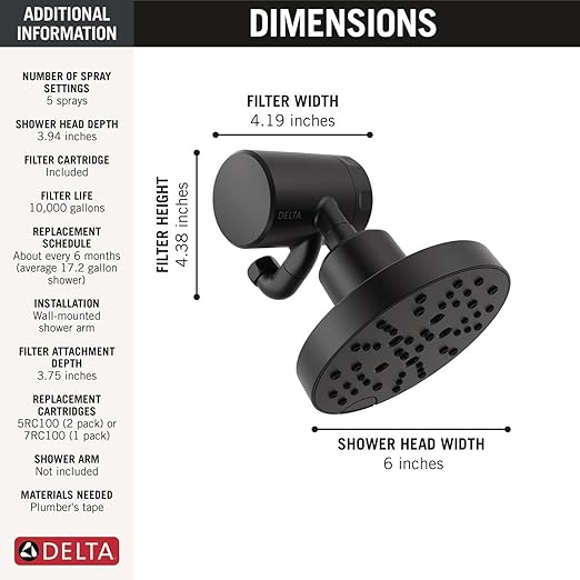 Delta Faucet 5-Setting H2Okinetic Shower Head Matte Black with Clarifi Premium Shower Filter Attachment with Filter