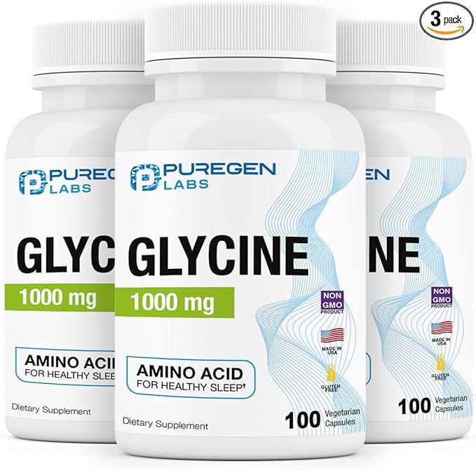 Puregen Labs Glycine 1000mg [High Potency] Total 300 Vegetarian Capsules, Promotes Healthy Sleep | No Harmful Additives | Non-GMO, NO Gluten and Dairy | Made in USA