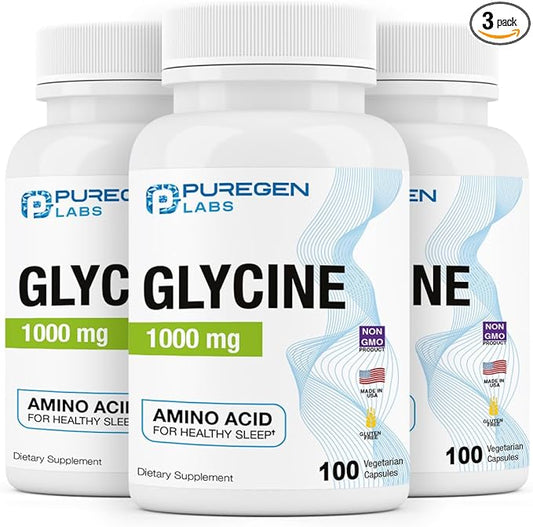 Puregen Labs Glycine 1000mg [High Potency] Total 300 Vegetarian Capsules, Promotes Healthy Sleep | No Harmful Additives | Non-GMO, NO Gluten and Dairy | Made in USA
