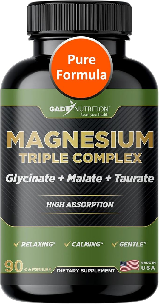 Gade Nutrition Triple Magnesium Complex with Magnesium Glycinate, Magnesium Malate & Magnesium Taurate | Pure Magnesium Supplement for Sleep and Calm, Veggie Capsules | Made in USA