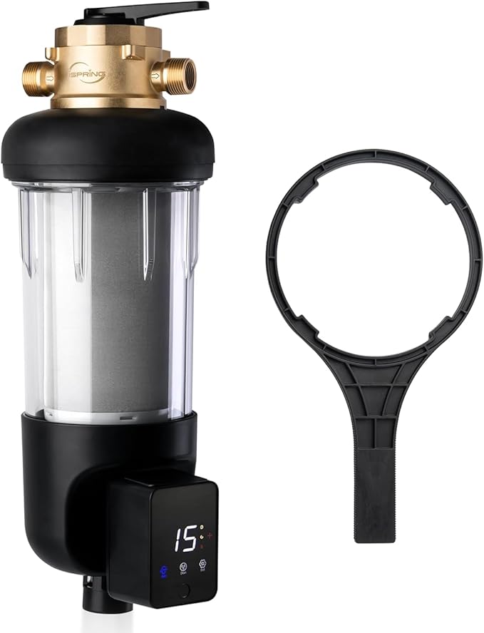 iSpring WSP500ARJ-BP, NSF Certified, Whole House Spin-Down Sediment Water Filter with Bypass, Clear Housing, Jumbo Size, Flushable and Reusable, Touch-Screen Auto Flushing, 4 Modes, 500 Microns