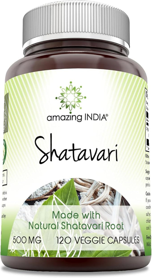 Amazing India Natural Shatavari Supplement | 500 Mg per Serving | 120 Veggie Capsules | Non-GMO | Gluten-Free | Made in USA