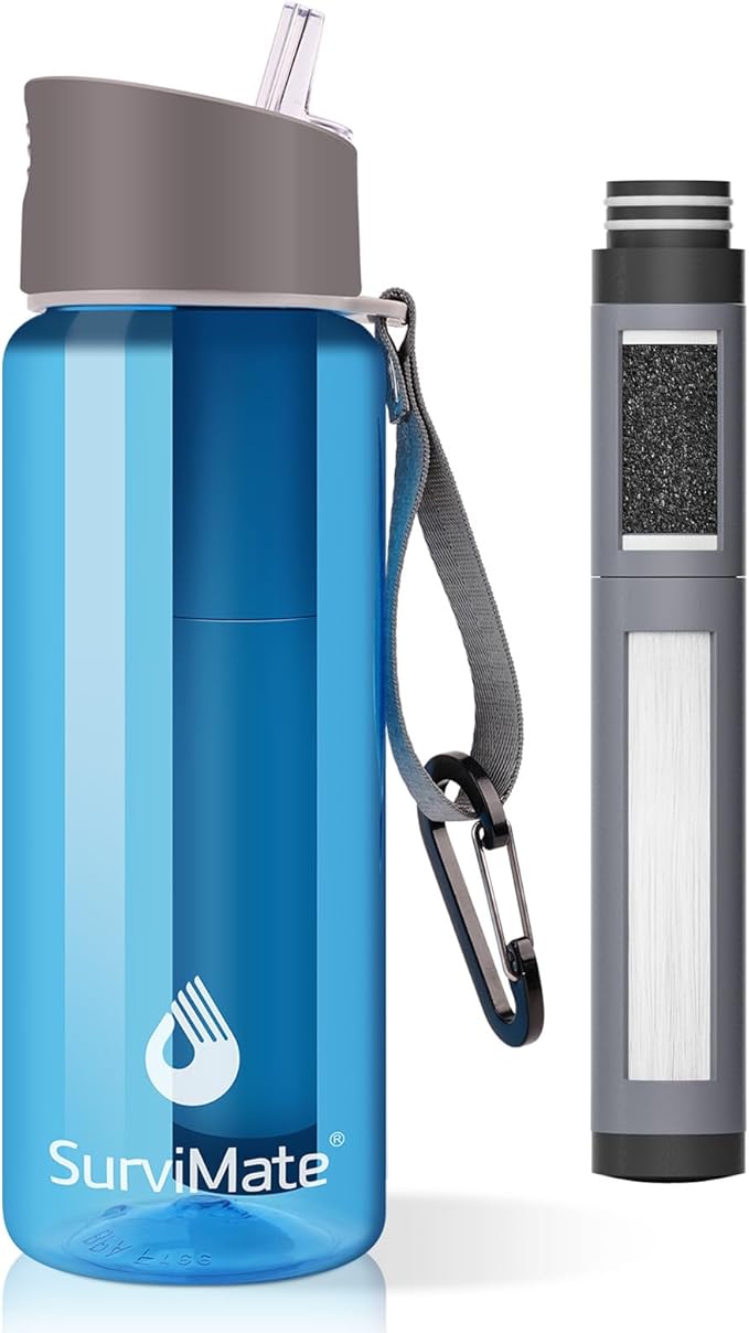 Survimate 5-Stage 0.01μm Ultra-Filtration Filtered Water Bottle, BPA-Free Material, NSF/ANSI 42&372 Certified, Portable Water Filter Bottle for Survival, Camping, Hiking, and Emergency Use