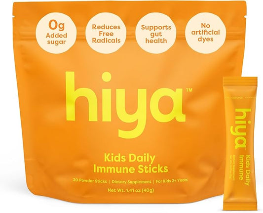 HIYA Kids Immune Support – Vitamin C, Elderberry & Beta Glucans for Ages 2+, Delicious Orange Flavor, 0g Sugar – 20 Stick Packs for Toddlers & Kids