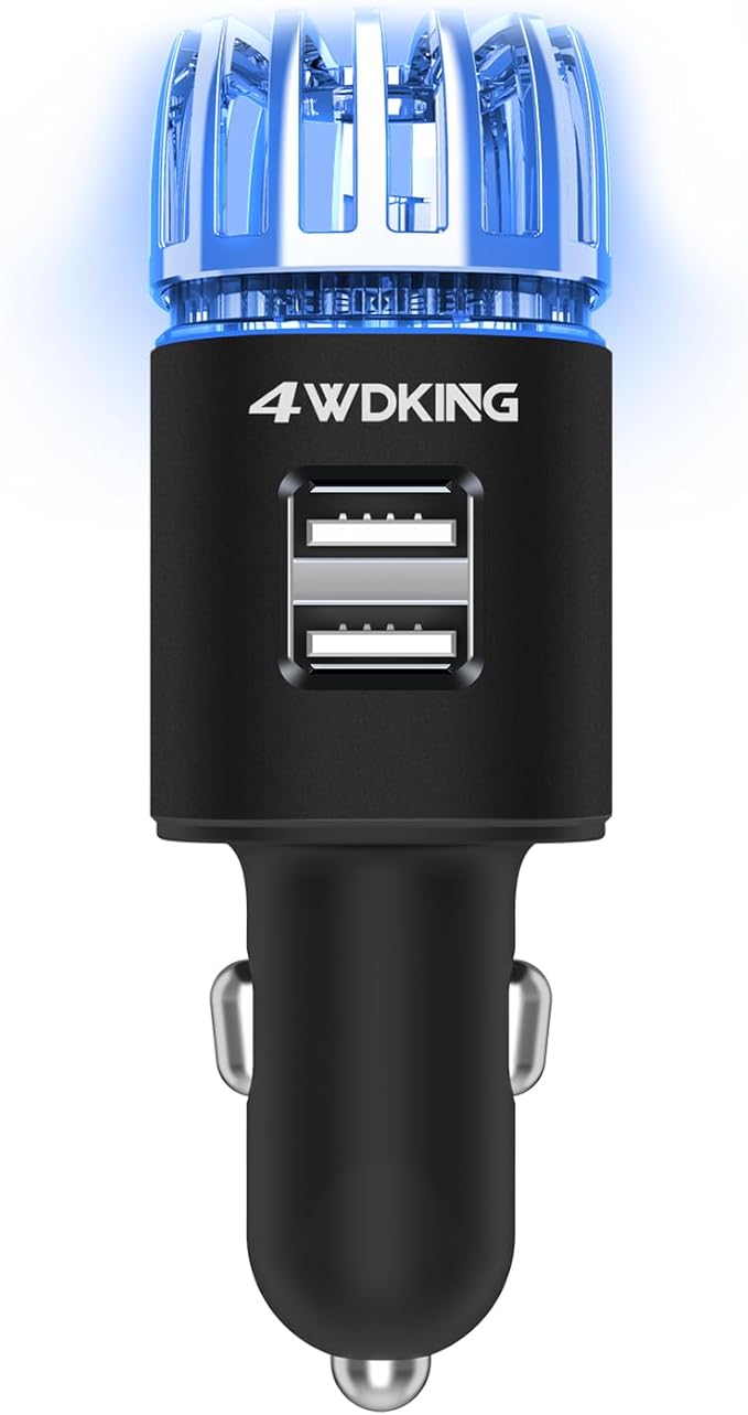 4WDKING Car Air Purifier Ionizer, 12V Plug-in Car Air Freshener Gadgets with Dual USB Charger Removes Cigarette Smoke, Pet and Food Odor, Ionic Ozone (Black)