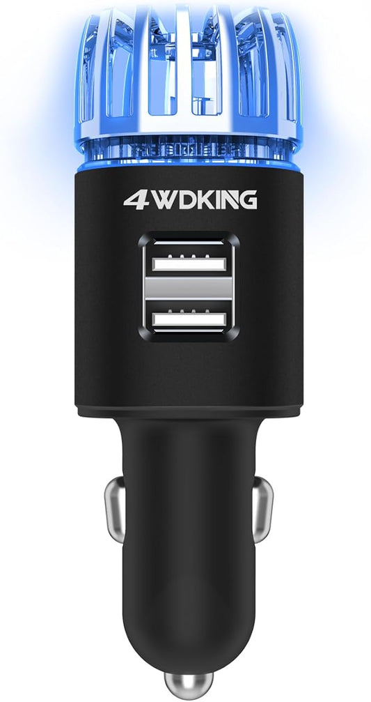 4WDKING Car Air Purifier Ionizer, 12V Plug-in Car Air Freshener Gadgets with Dual USB Charger Removes Cigarette Smoke, Pet and Food Odor, Ionic Ozone (Black)