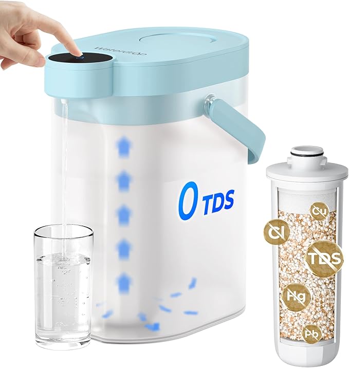 Waterdrop 0 TDS Zero TDS Water Rechargeable Water Filter Dispenser, 4-Stage Instant Electric Powerful Pitcher, Reduce Chlorine, Lead, 15-Cup Countertop Water Filtration System with 1 Filter, Blue