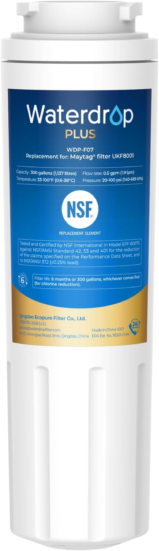 Waterdrop Plus UKF8001 NSF 401, 53 Certified Refrigerator Water Filter, 𝐑𝐞𝐝𝐮𝐜𝐞 𝐏𝐅𝐀𝐒, Replacement for Whirlpool® Everydrop® Filter 4, EDR4RXD1, Maytag® UKF8001AXX (Package May Vary)