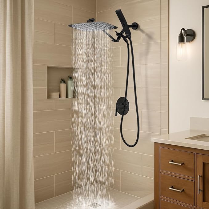 G-Promise All Metal 12 Inch Dual Square Shower Head with Handheld Spray Combo, Rain Shower Head, Adjustable Extension Arm, 3-Way Diverter, 71 Inch Extra Long Hose - A Bathroom Upgrade (Matte Black)