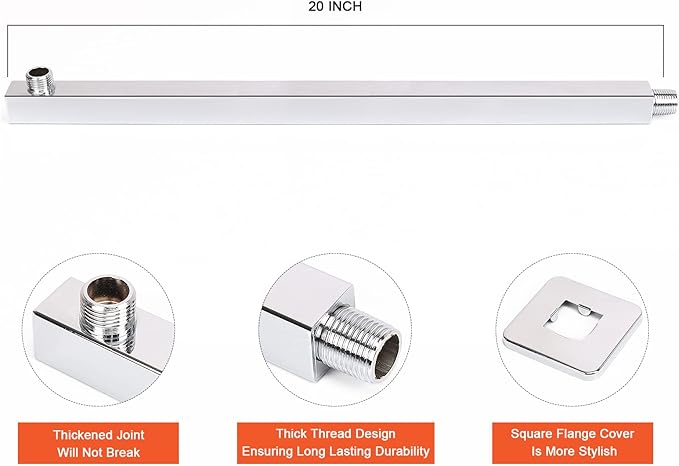 HarJue Shower Head with Extension Arm, High Pressure Square with ShowerArm, Stainless Steel Rainfall-Waterfall Full Body Coverage (16'' Shower with 20'' Arm, Chrome)