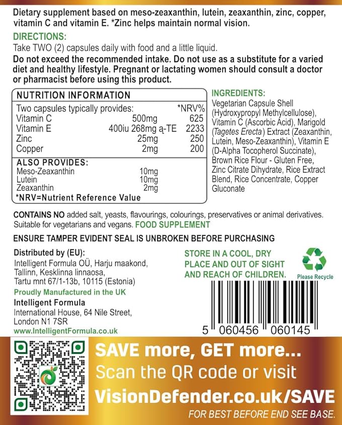 Vision Defender Plus Eye Supplement: AREDS2 Formula Vitamins, Minerals (Lutein, Zinc) Enhanced with Meso-Zeaxanthin for Complete Eyes/Eyesight Health Care & Support. 60 Easy-to-Swallow Vegan Capsules