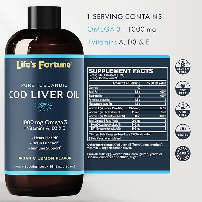 Life's Fortune Cod Liver Oil Liquid Lemon Flavor Organic Supplement with DHA, EPA 1000 mg High Potency Omega-3s + Vitamin A, E & D3 - Supports Immune, Joints, Eyes, 16 Fl Oz (Pack of 1)