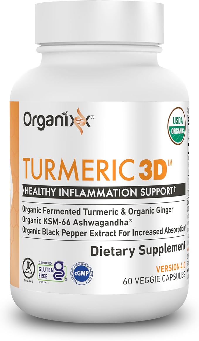 Organixx USDA Organic Turmeric Curcumin Supplement with Ashwagandha, Turmeric & Ginger – Immune & Joint Support, Fermented for Maximum Bioavailability, 60 Vegetarian Capsules
