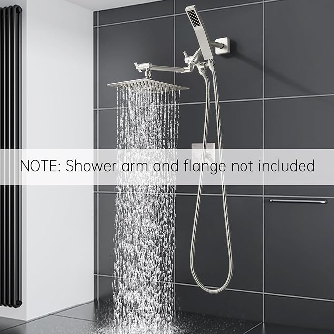 G-Promise All Metal 10" Dual Square Shower Head Combo | Rain Shower Head | Handheld Shower Wand | Adjustable | 3-Way Diverter | 71" Extra Long Hose - A Bathroom Upgrade(Brushed Nickel)