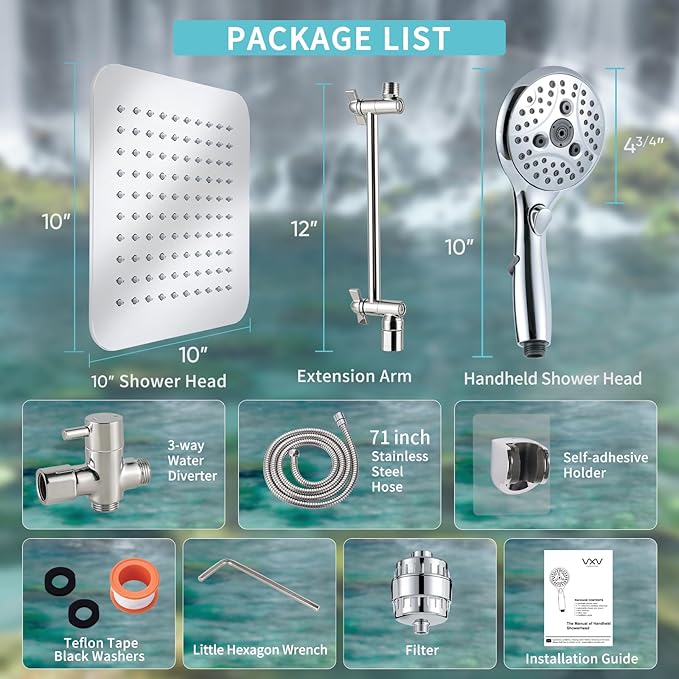 10'' Dual 20 Stage Filtered Shower Head with Handheld, 6 Spray Settings Handheld Shower Head High Pressure Rainfall Filter Combo with 12'' Adjustable Extension Arm, 71'' Shower Hose (Chrome Polished)
